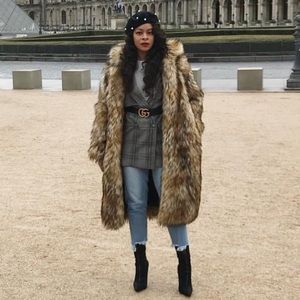 Hooded faux fur long coat